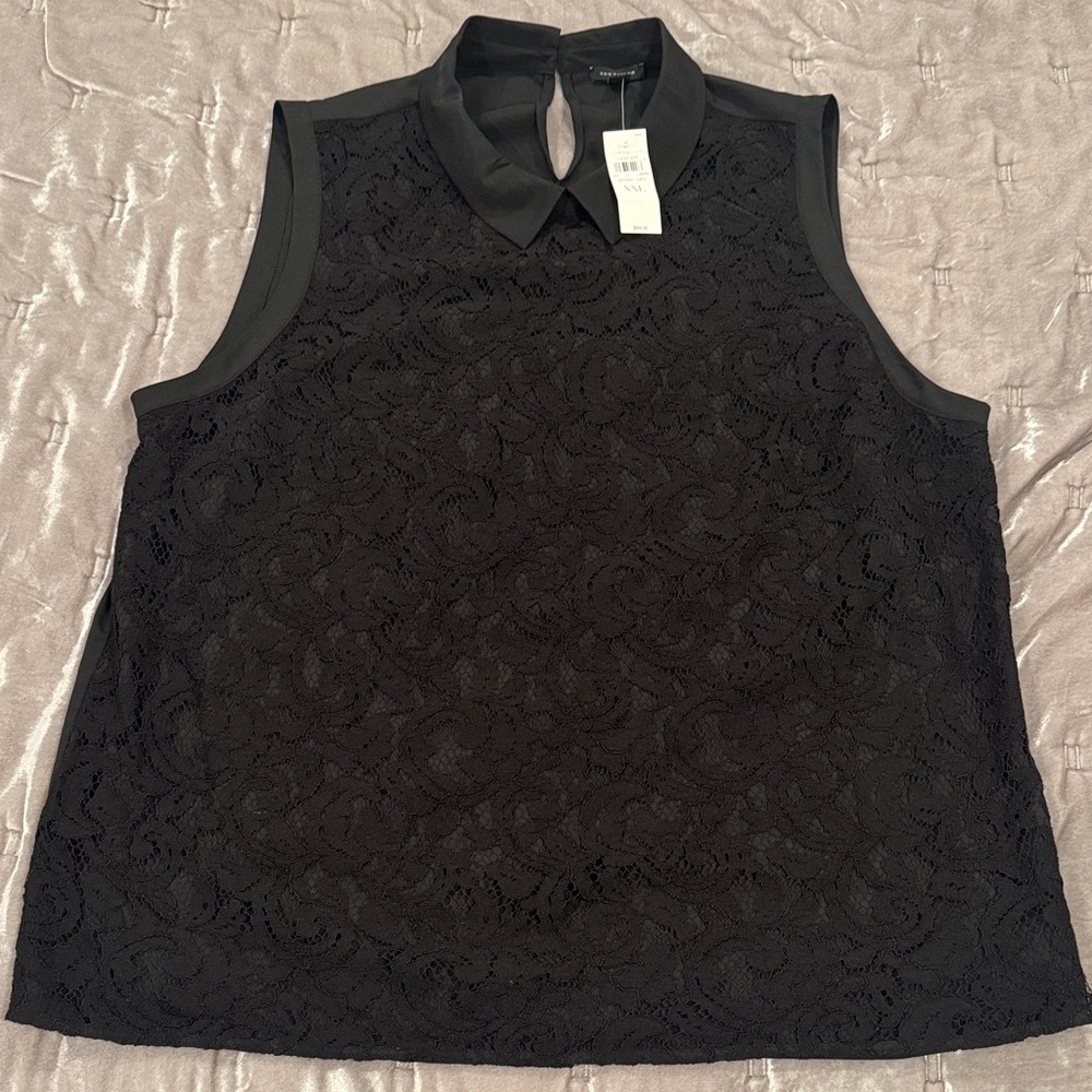 Ann Taylor Black Collared Lace Front Blouse NWT